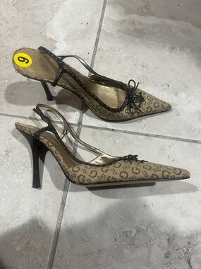 Guess Tan Monogram Slingback Pointed Heels